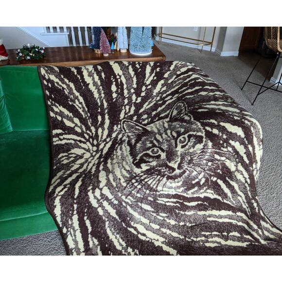 vintage KITTY CAT Print Reversible BLANKET fleece cream brown animal print - Picture 2 of 9